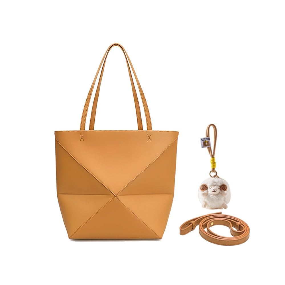 Foldable Geometry Handbags for Women,Genuine Leather Tote Bag with Lamb Charm,Puzzle Top-Handle Bags for Work