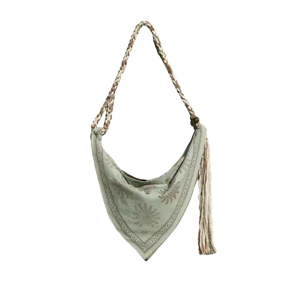 Bohemian Linen Crossbody Bag for Women，Casual Hobo Bags with Flower Patterns/Braided Tassel Shoulder Straps