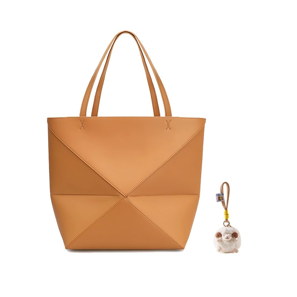 Foldable Geometry Handbags for Women,Genuine Leather Tote Bag with Lamb Charm,Puzzle Top-Handle Bags for Work