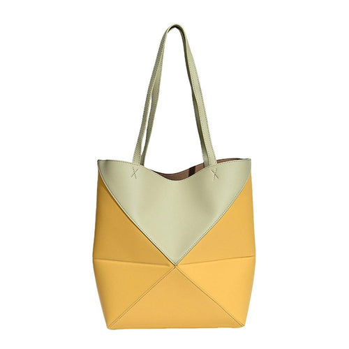 Genuine Leather Tote Bag for Women，Foldable Geometric Work Handbag，Puzzle Large Capacity Bags for Commuting