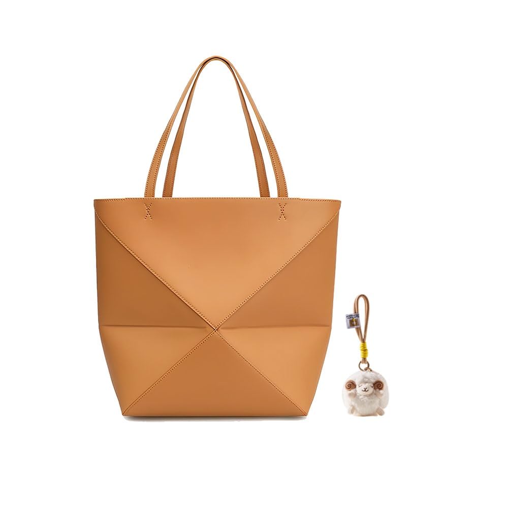 Foldable Geometry Handbags for Women,Genuine Leather Tote Bag with Lamb Charm,Puzzle Top-Handle Bags for Work