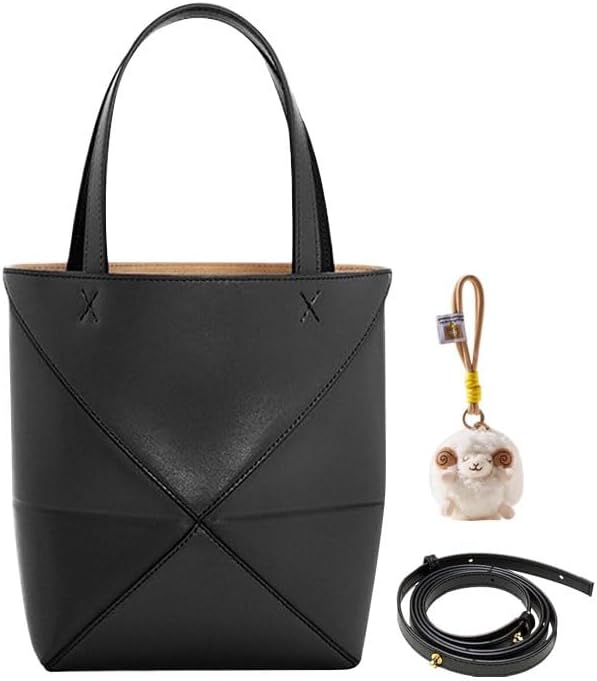 Foldable Geometry Handbags for Women,Genuine Leather Tote Bag with Lamb Charm,Puzzle Top-Handle Bags for Work