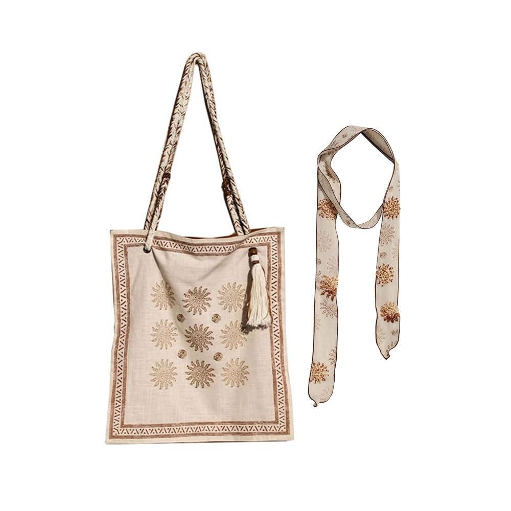 Bohemian Linen Crossbody Bag for Women，Casual Hobo Bags with Flower Patterns/Braided Tassel Shoulder Straps