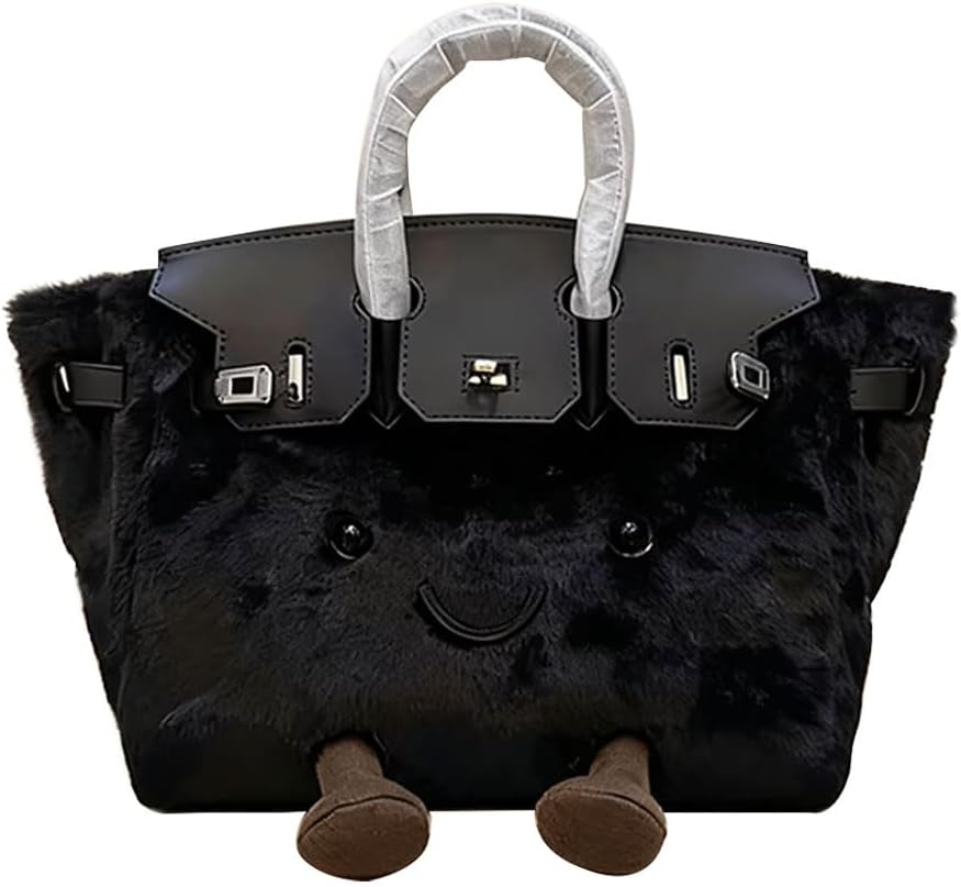 Women's Plush Handbag,Designer Cute Shoulder Bag with Smile Face & Strap,Casual Faux Fur Top Handle Bags for Autumn