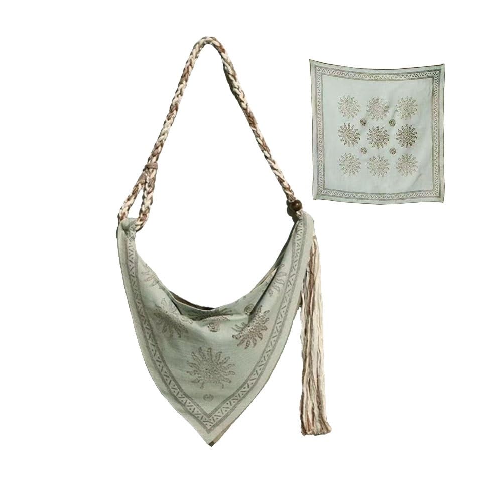 Bohemian Linen Crossbody Bag for Women，Casual Hobo Bags with Flower Patterns/Braided Tassel Shoulder Straps