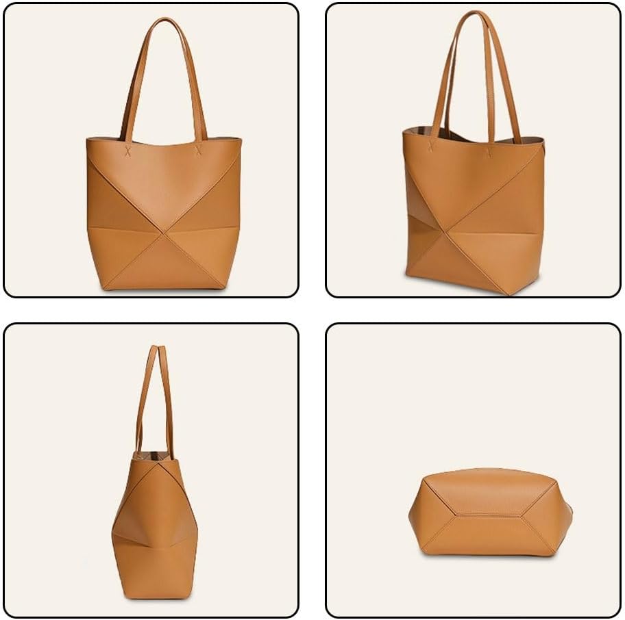 Foldable Geometry Handbags for Women,Genuine Leather Tote Bag with Lamb Charm,Puzzle Top-Handle Bags for Work