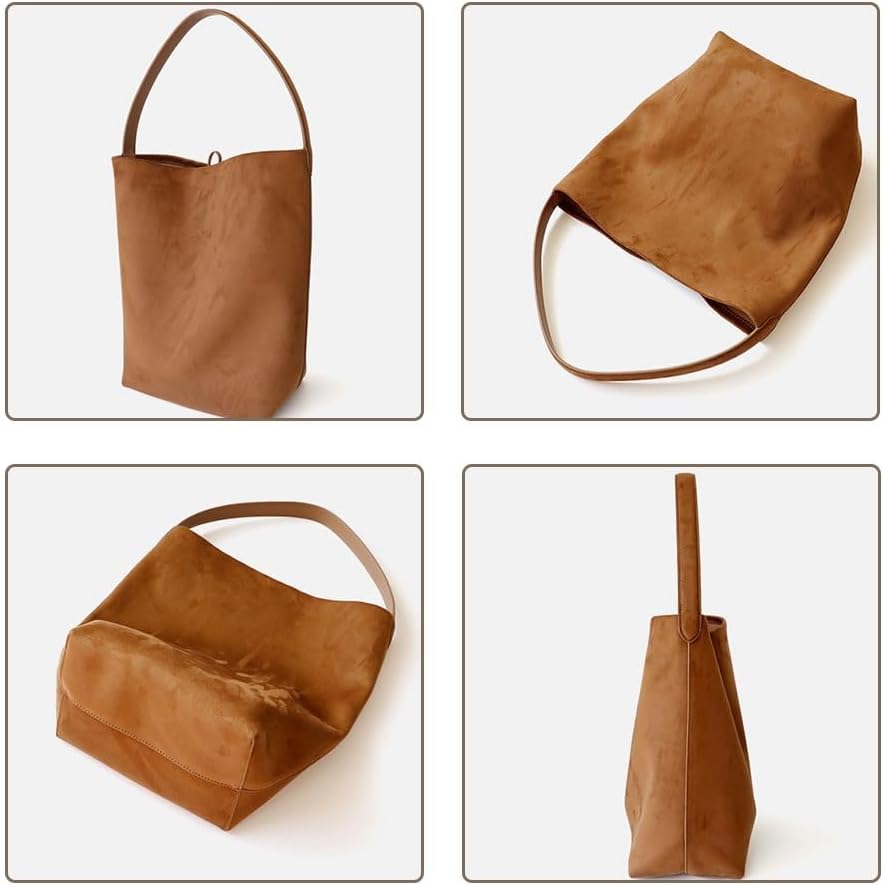 Suede Bucket Tote Bag for Women，Matte Cowhide Hobo Bags，Casual Shoulder Handbags