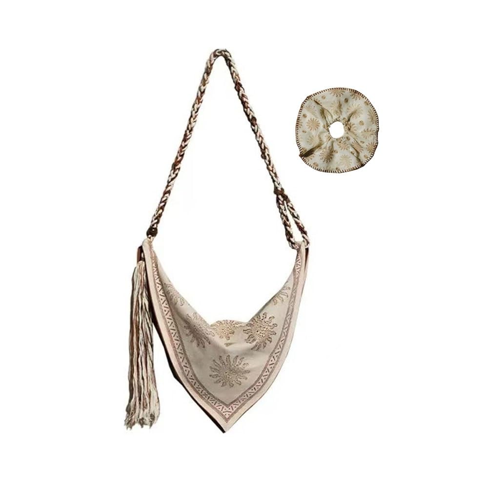 Bohemian Linen Crossbody Bag for Women，Casual Hobo Bags with Flower Patterns/Braided Tassel Shoulder Straps