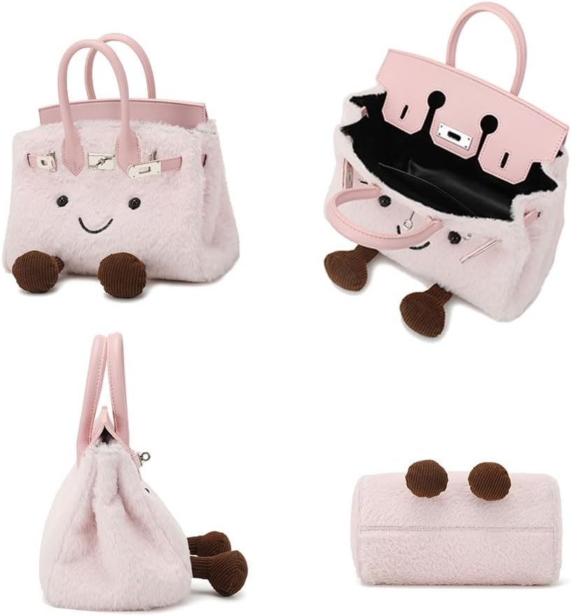 Women's Plush Handbag,Designer Cute Shoulder Bag with Smile Face & Strap,Casual Faux Fur Top Handle Bags for Autumn