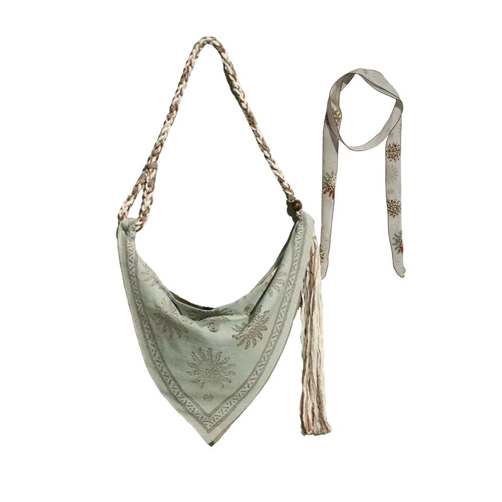 Bohemian Linen Crossbody Bag for Women，Casual Hobo Bags with Flower Patterns/Braided Tassel Shoulder Straps