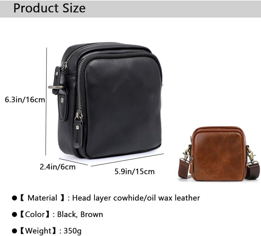 Leather Crossbody Bag for Men，Genuine Shoulder Bags with Zipper closure/Nylon Shoulder Strap，Women Mini Anti