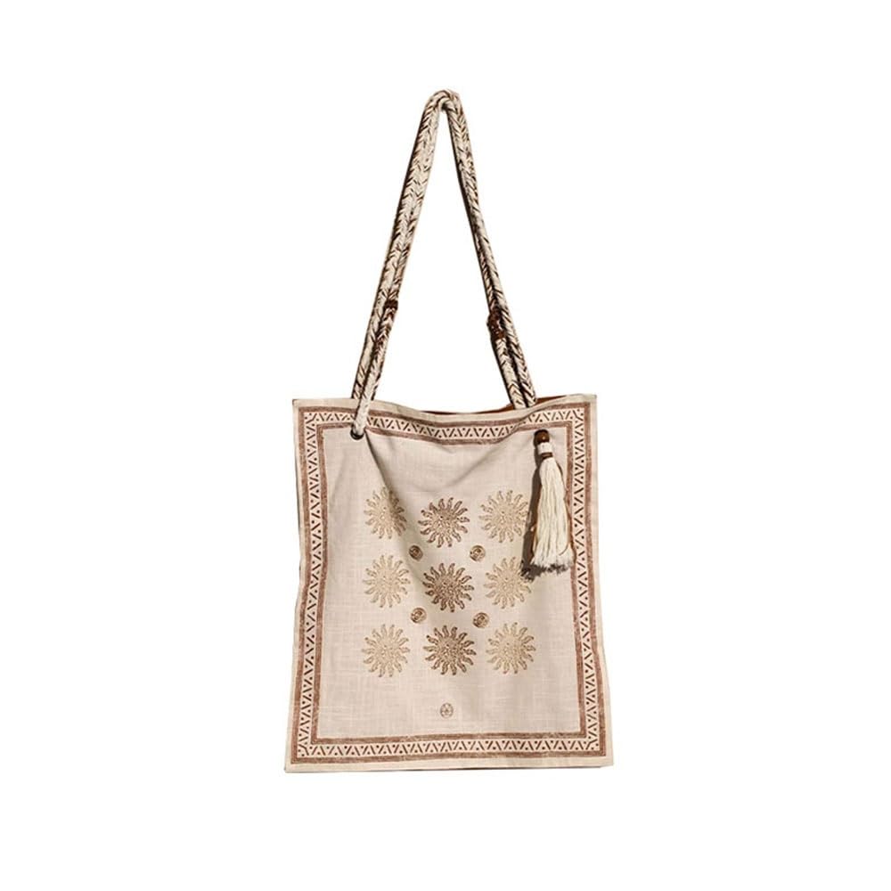 Bohemian Linen Crossbody Bag for Women，Casual Hobo Bags with Flower Patterns/Braided Tassel Shoulder Straps