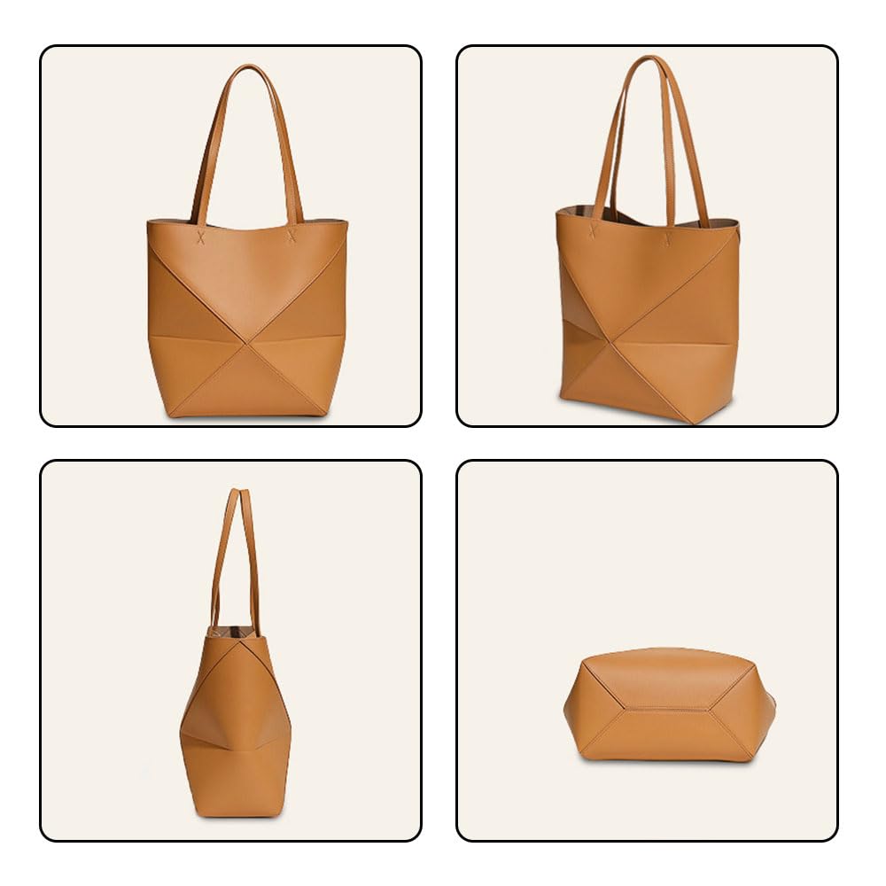 Genuine Leather Tote Bag for Women，Foldable Geometric Work Handbag，Puzzle Large Capacity Bags for Commuting