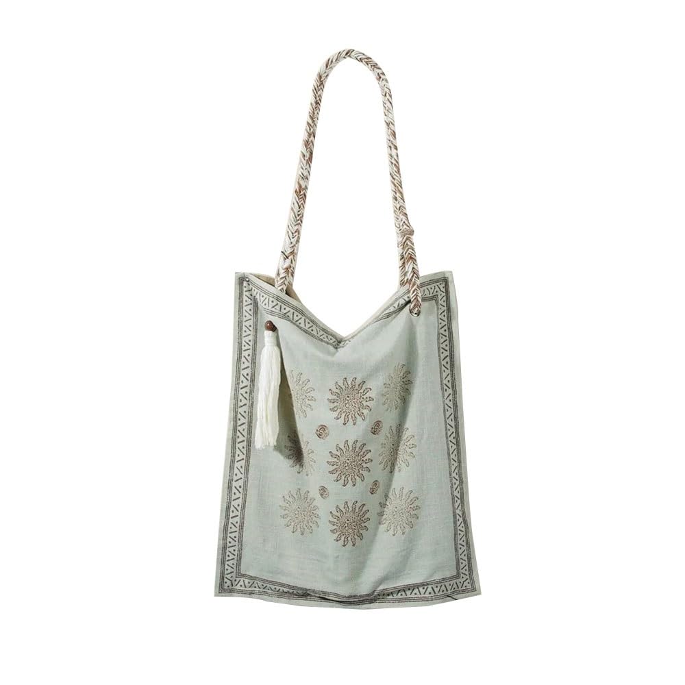 Bohemian Linen Crossbody Bag for Women，Casual Hobo Bags with Flower Patterns/Braided Tassel Shoulder Straps