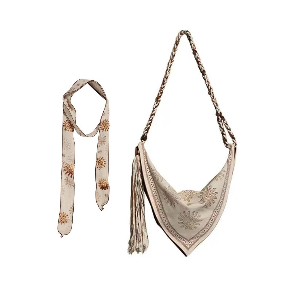 Bohemian Linen Crossbody Bag for Women，Casual Hobo Bags with Flower Patterns/Braided Tassel Shoulder Straps