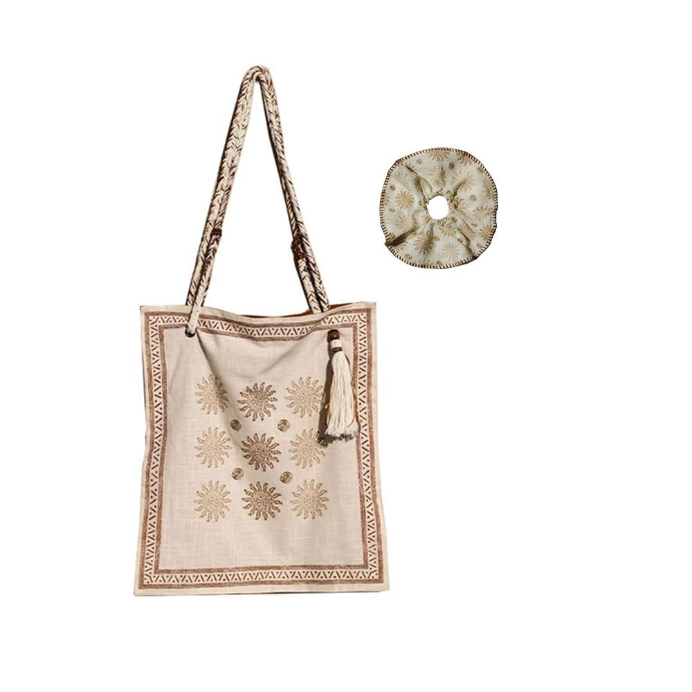Bohemian Linen Crossbody Bag for Women，Casual Hobo Bags with Flower Patterns/Braided Tassel Shoulder Straps