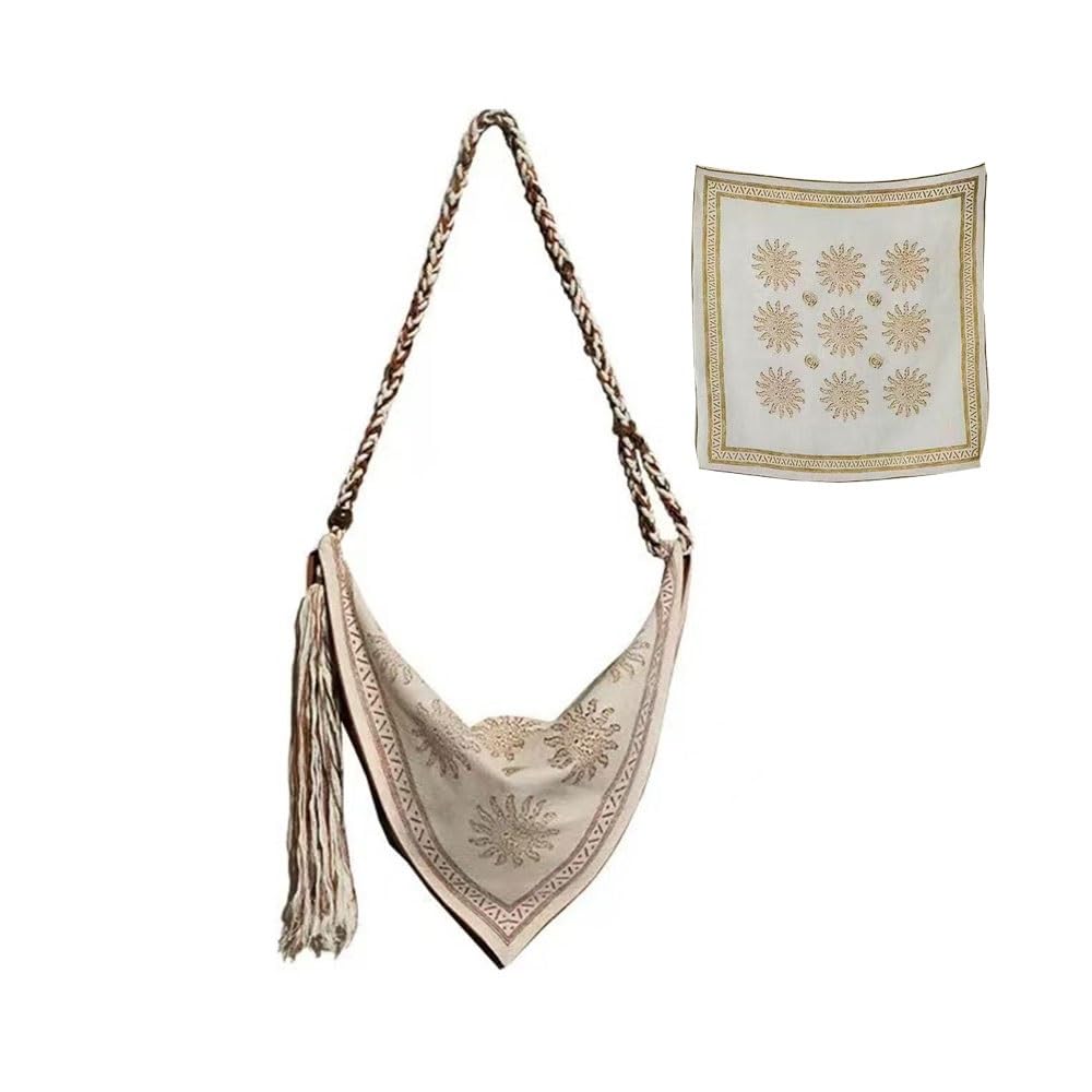 Bohemian Linen Crossbody Bag for Women，Casual Hobo Bags with Flower Patterns/Braided Tassel Shoulder Straps