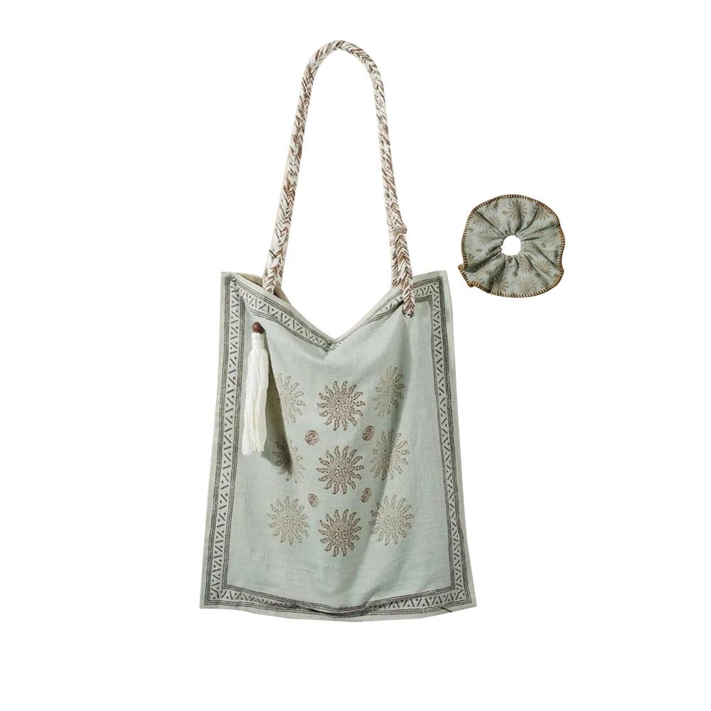 Bohemian Linen Crossbody Bag for Women，Casual Hobo Bags with Flower Patterns/Braided Tassel Shoulder Straps