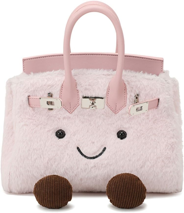 Women's Plush Handbag,Designer Cute Shoulder Bag with Smile Face & Strap,Casual Faux Fur Top Handle Bags for Autumn