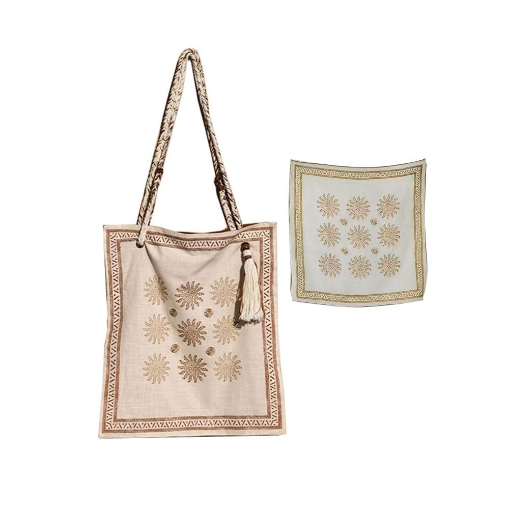Bohemian Linen Crossbody Bag for Women，Casual Hobo Bags with Flower Patterns/Braided Tassel Shoulder Straps