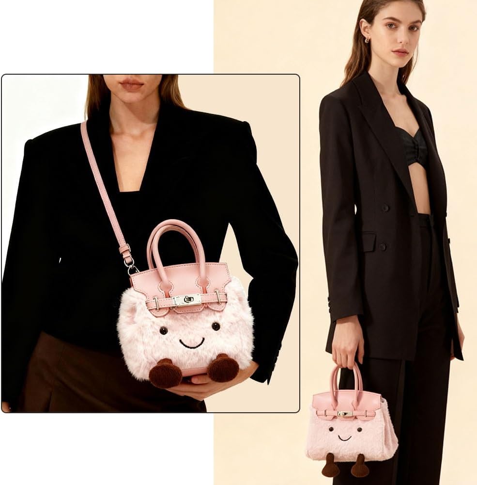 Women's Plush Handbag,Designer Cute Shoulder Bag with Smile Face & Strap,Casual Faux Fur Top Handle Bags for Autumn