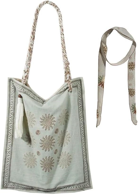 Bohemian Linen Crossbody Bag for Women，Casual Hobo Bags with Flower Patterns/Braided Tassel Shoulder Straps