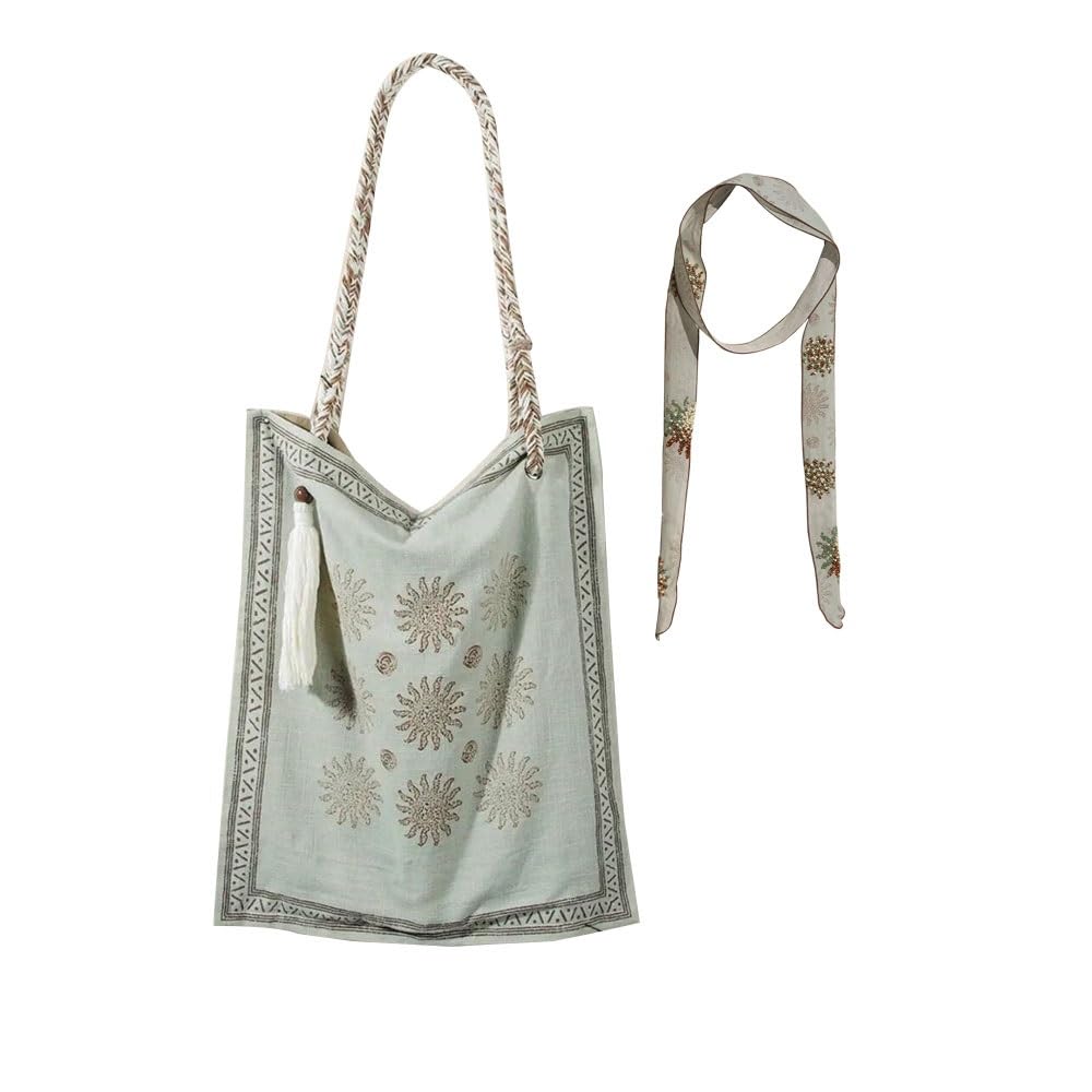 Bohemian Linen Crossbody Bag for Women，Casual Hobo Bags with Flower Patterns/Braided Tassel Shoulder Straps