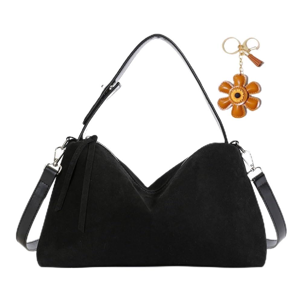 Suede Hobo Bags for Women,Faux Leather Handbags with Shoulder Strap, Crossbody Purse with Flower Keychain for Autumn