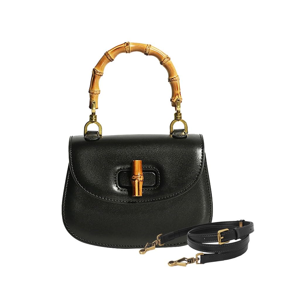 Women Genuine Leather Tote Handbags，Bamboo Top Handle Satchel Crossbody Bag with Adjustable Shoulder Strap