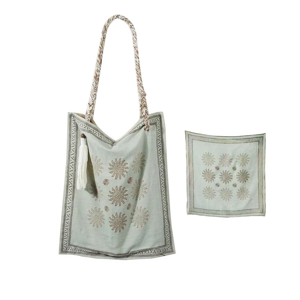 Bohemian Linen Crossbody Bag for Women，Casual Hobo Bags with Flower Patterns/Braided Tassel Shoulder Straps