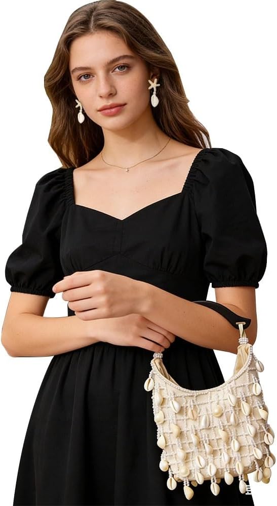 Shell Handbag for Women,Handmade Seashell Purse Bag with Wooden Handle,Beaded Clutch Top Handle Bags for Beach Vacation