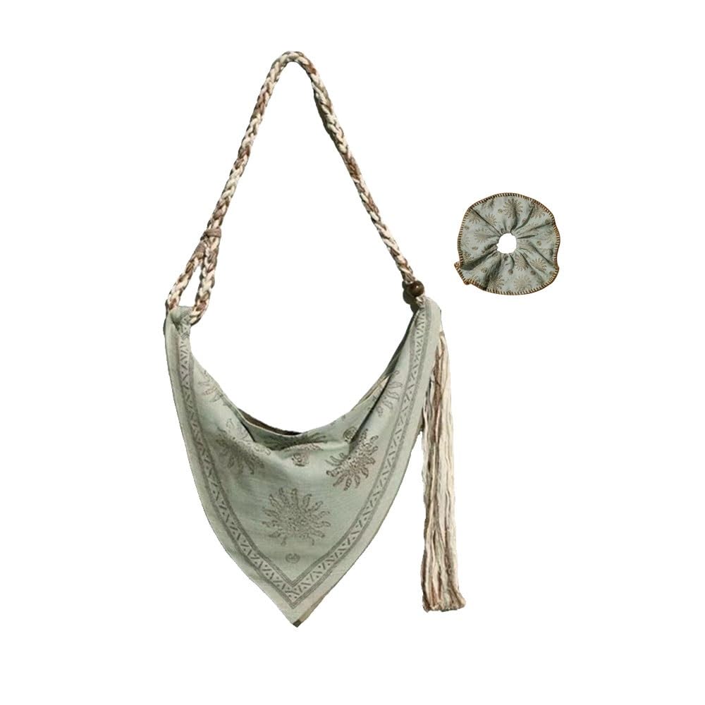 Bohemian Linen Crossbody Bag for Women，Casual Hobo Bags with Flower Patterns/Braided Tassel Shoulder Straps