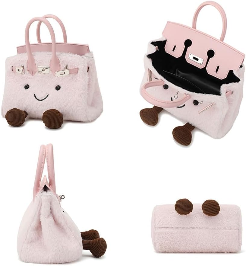 Women's Plush Handbag,Designer Cute Shoulder Bag with Smile Face & Strap,Casual Faux Fur Top Handle Bags for Autumn
