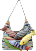 Women's Woven Colorful Straw Tote Bag，Beach Shoulder Handbag with Handmade Doll Fish，Straw Clutch for Summer Vacation