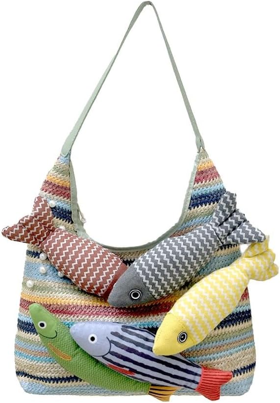 Women's Woven Colorful Straw Tote Bag，Beach Shoulder Handbag with Handmade Doll Fish，Straw Clutch for Summer Vacation