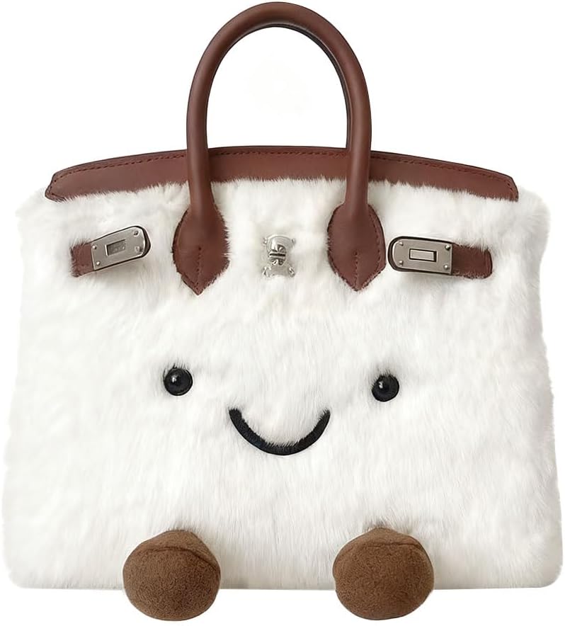 Women's Plush Handbag,Designer Cute Shoulder Bag with Smile Face & Strap,Casual Faux Fur Top Handle Bags for Autumn