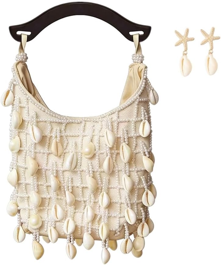 Shell Handbag for Women,Handmade Seashell Purse Bag with Wooden Handle,Beaded Clutch Top Handle Bags for Beach Vacation