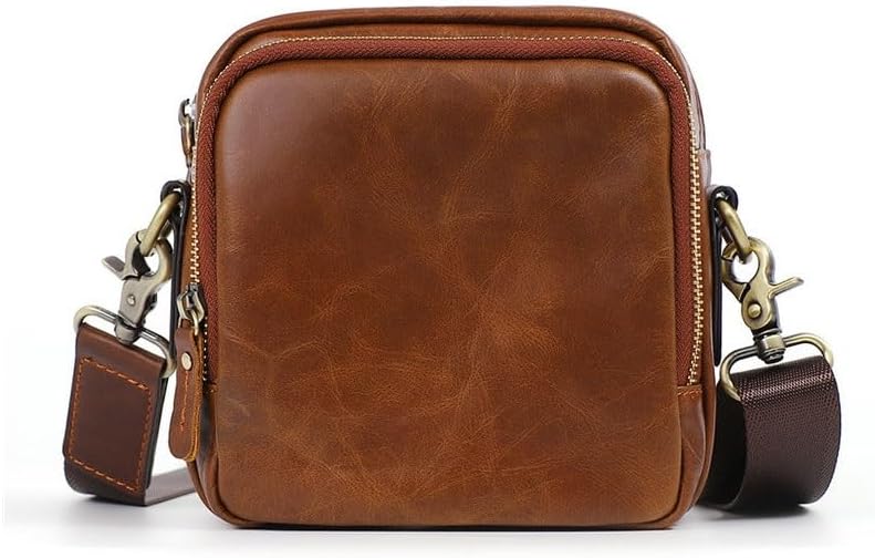 Leather Crossbody Bag for Men，Genuine Shoulder Bags with Zipper closure/Nylon Shoulder Strap，Women Mini Anti