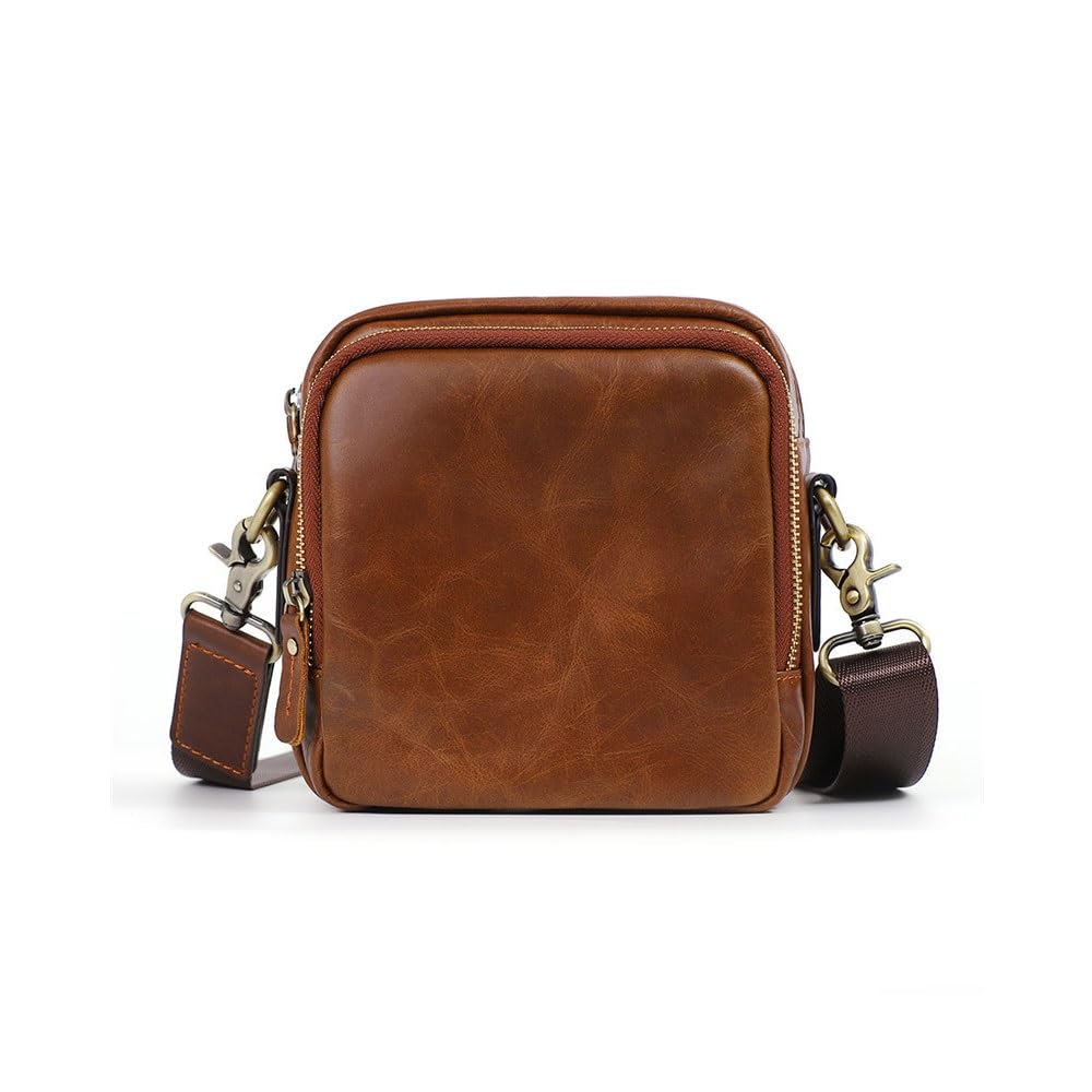 Leather Crossbody Bag for Men，Genuine Shoulder Bags with Zipper closure/Nylon Shoulder Strap，Women Mini Anti