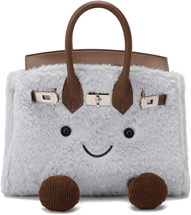 Women's Plush Handbag,Designer Cute Shoulder Bag with Smile Face & Strap,Casual Faux Fur Top Handle Bags for Autumn