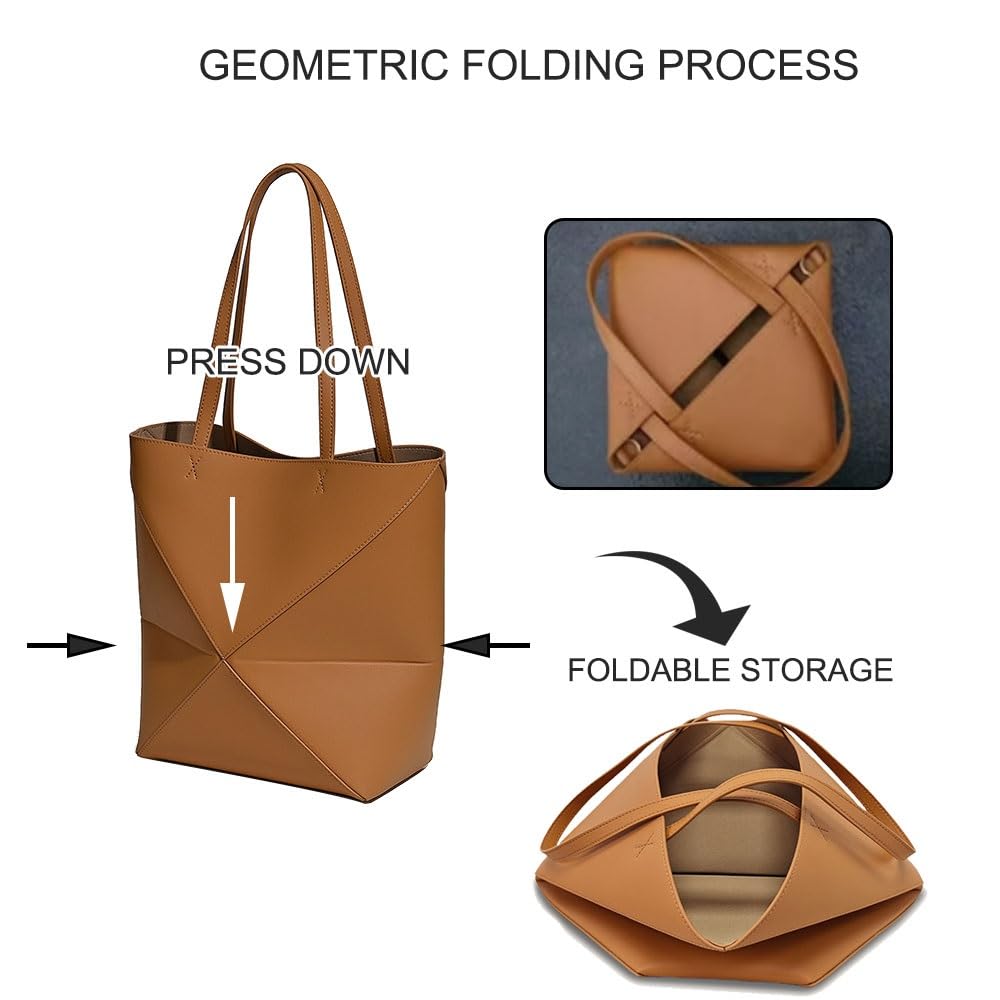 Genuine Leather Tote Bag for Women，Foldable Geometric Work Handbag，Puzzle Large Capacity Bags for Commuting