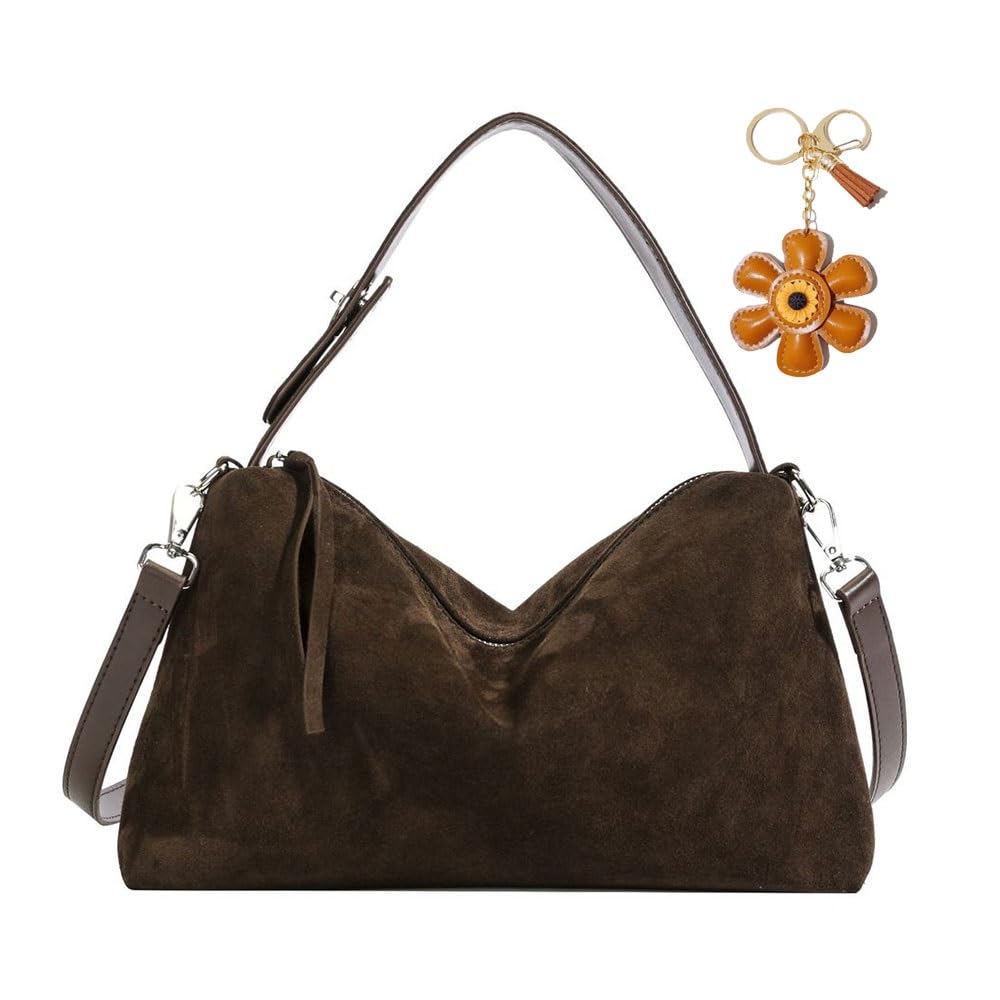 Suede Hobo Bags for Women,Faux Leather Handbags with Shoulder Strap, Crossbody Purse with Flower Keychain for Autumn