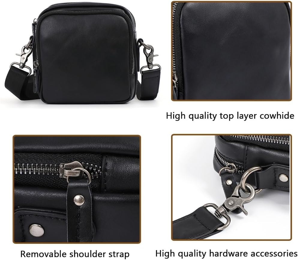 Leather Crossbody Bag for Men，Genuine Shoulder Bags with Zipper closure/Nylon Shoulder Strap，Women Mini Anti
