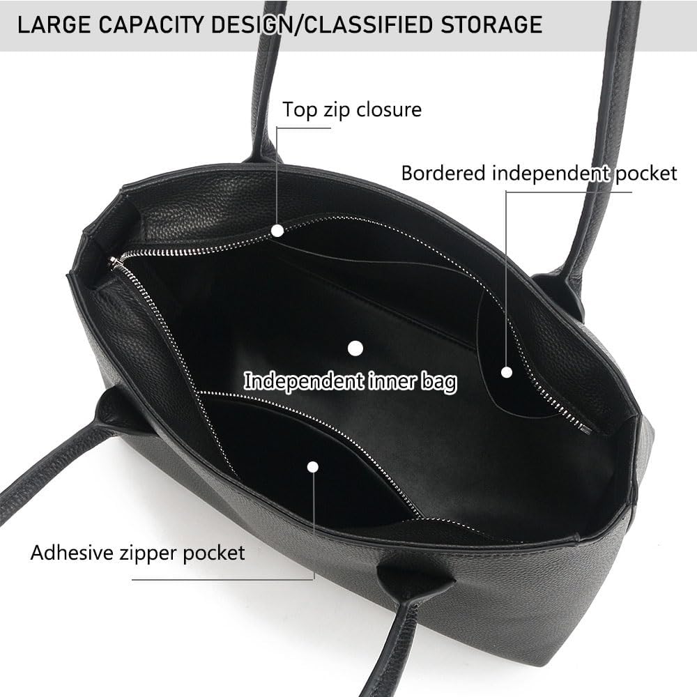 Women's Genuine Leather Tote Bag，Cowhide Commuting Top Handle Bags with Zipper，Luxury Large Handbags +Pendant for Work