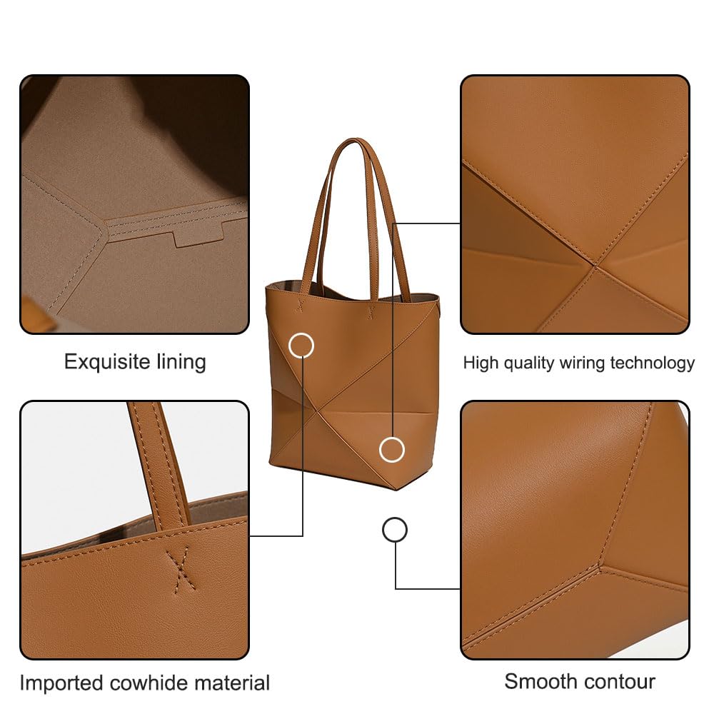 Genuine Leather Tote Bag for Women，Foldable Geometric Work Handbag，Puzzle Large Capacity Bags for Commuting