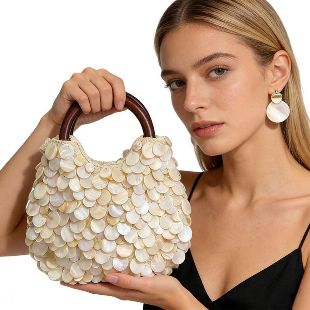 Vacation Shell Purse for Women，Handmade Natural Seashell Handbag with Wooden Handle，Beaded Clutch Bag & Shell Earrings Set