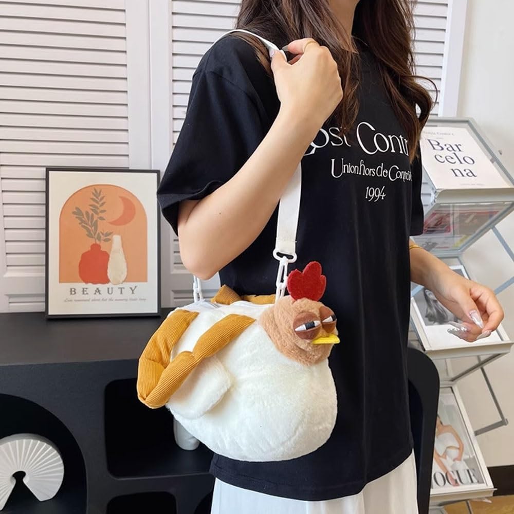 Plush Chicken Cartoon Bag，Cute Hen Handbag with Adjustable Shoulder Strap，Zipper Shoulder Bags Purse for Women Gift