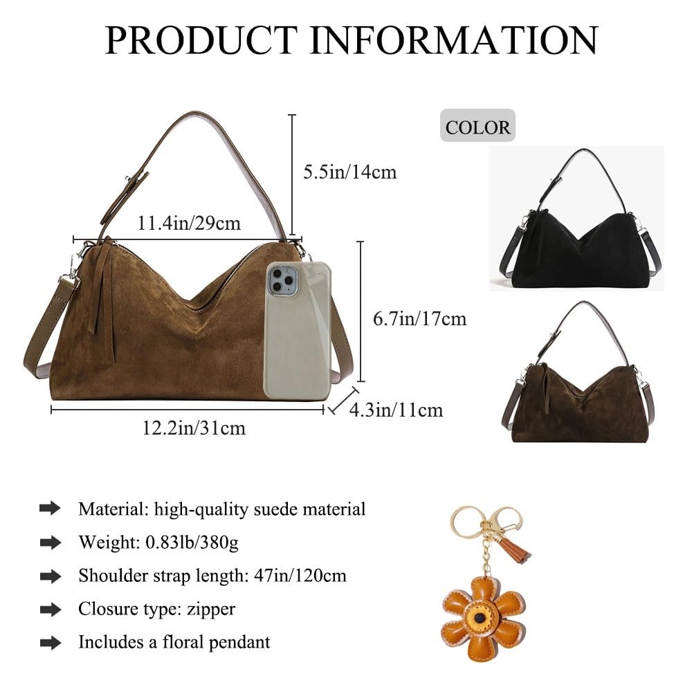 Suede Hobo Bags for Women,Faux Leather Handbags with Shoulder Strap, Crossbody Purse with Flower Keychain for Autumn