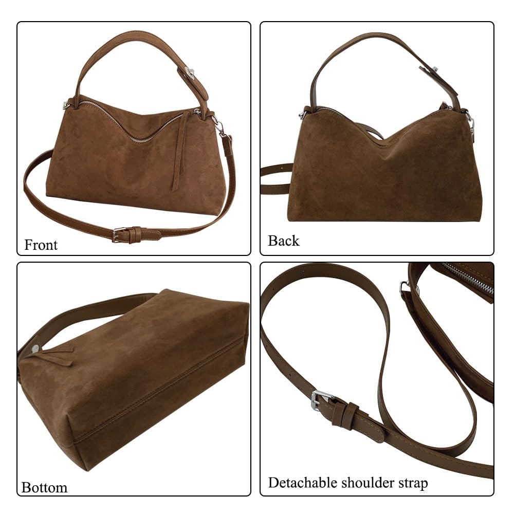Suede Hobo Bags for Women,Faux Leather Handbags with Shoulder Strap, Crossbody Purse with Flower Keychain for Autumn