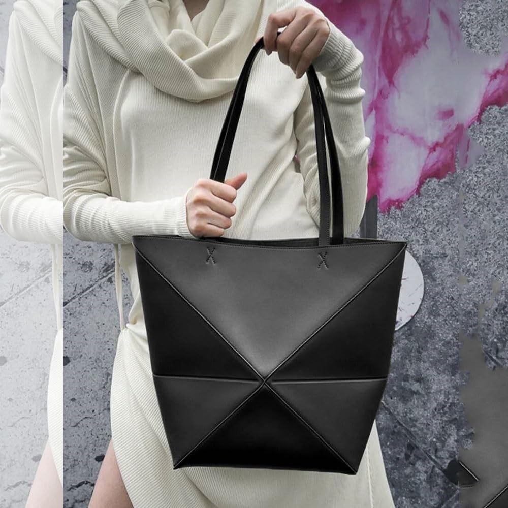 Genuine Leather Tote Bag for Women，Foldable Geometric Work Handbag，Puzzle Large Capacity Bags for Commuting